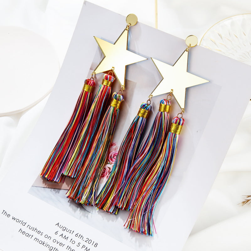 Long Colorful Tassel Star Earrings