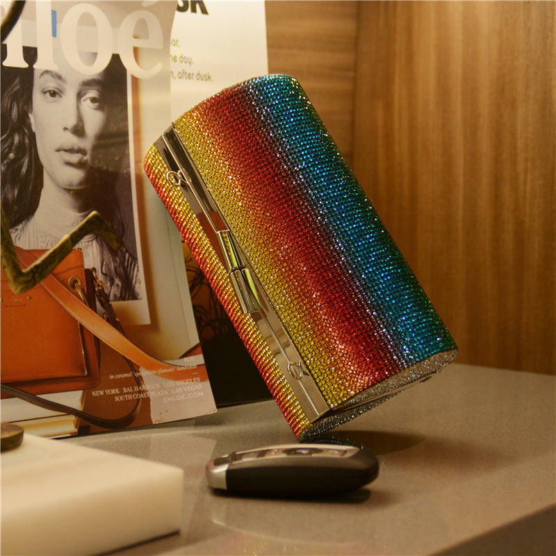 Rainbow Gradient Luxury Rhinestone Bling Party Clutch Evening Bag With Shoulder Chain