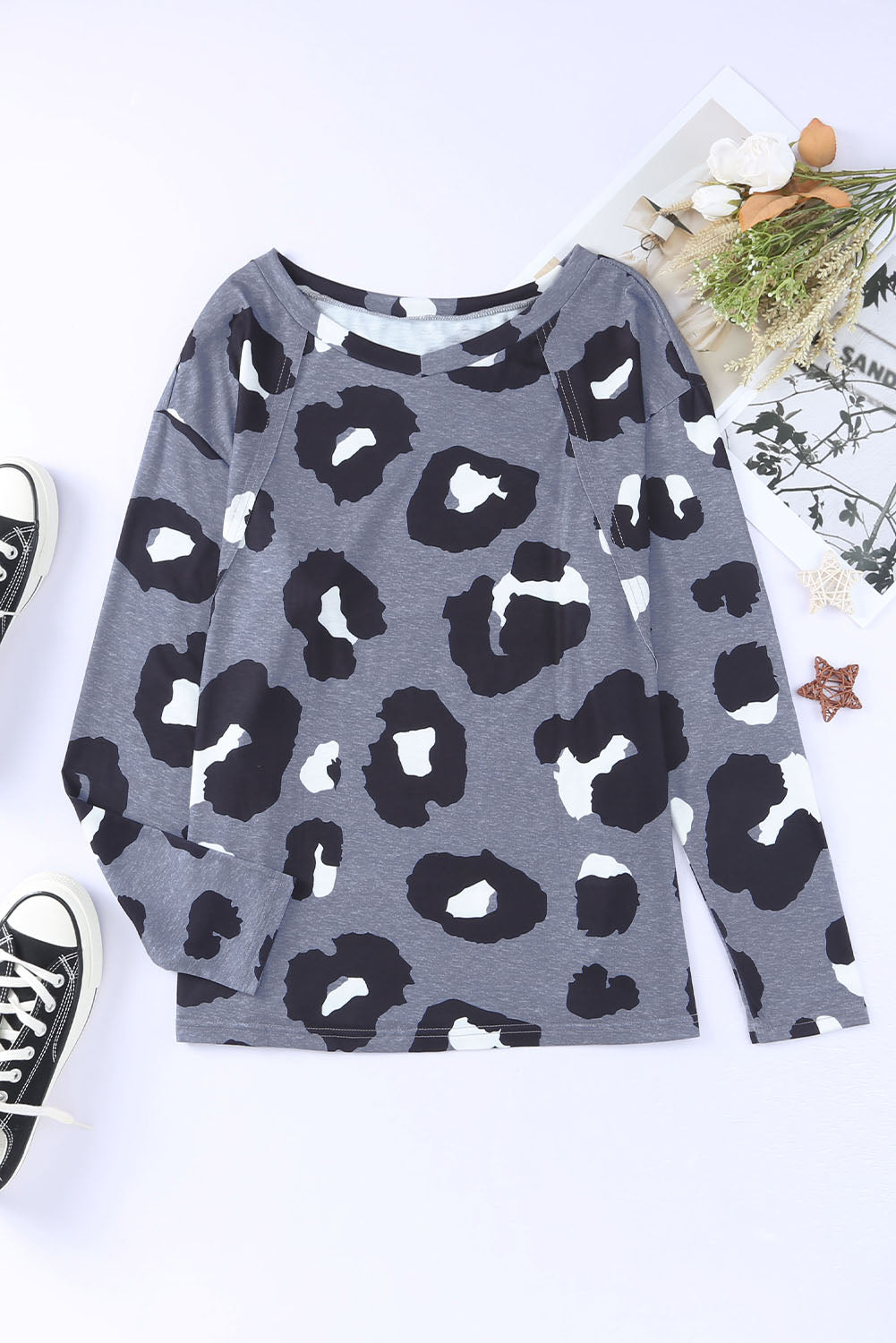 Grey Animal Print V Neck Casual Long Sleeve Shirt