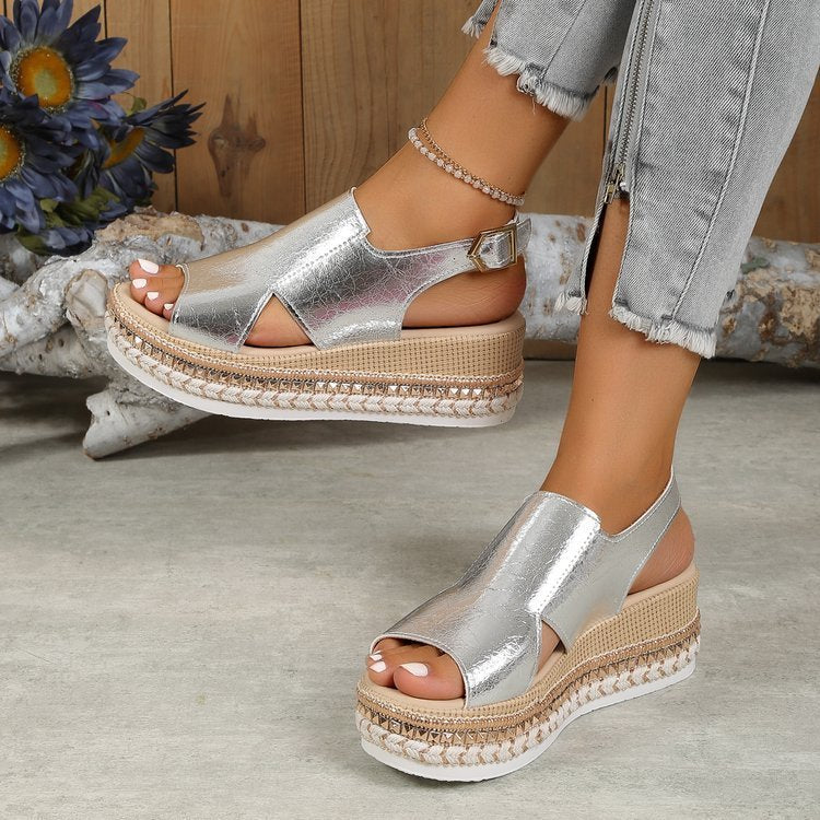 Shiny Metallic PU Leather Look Peep Toe Cut Out Platform Wedge Women’s Sandals