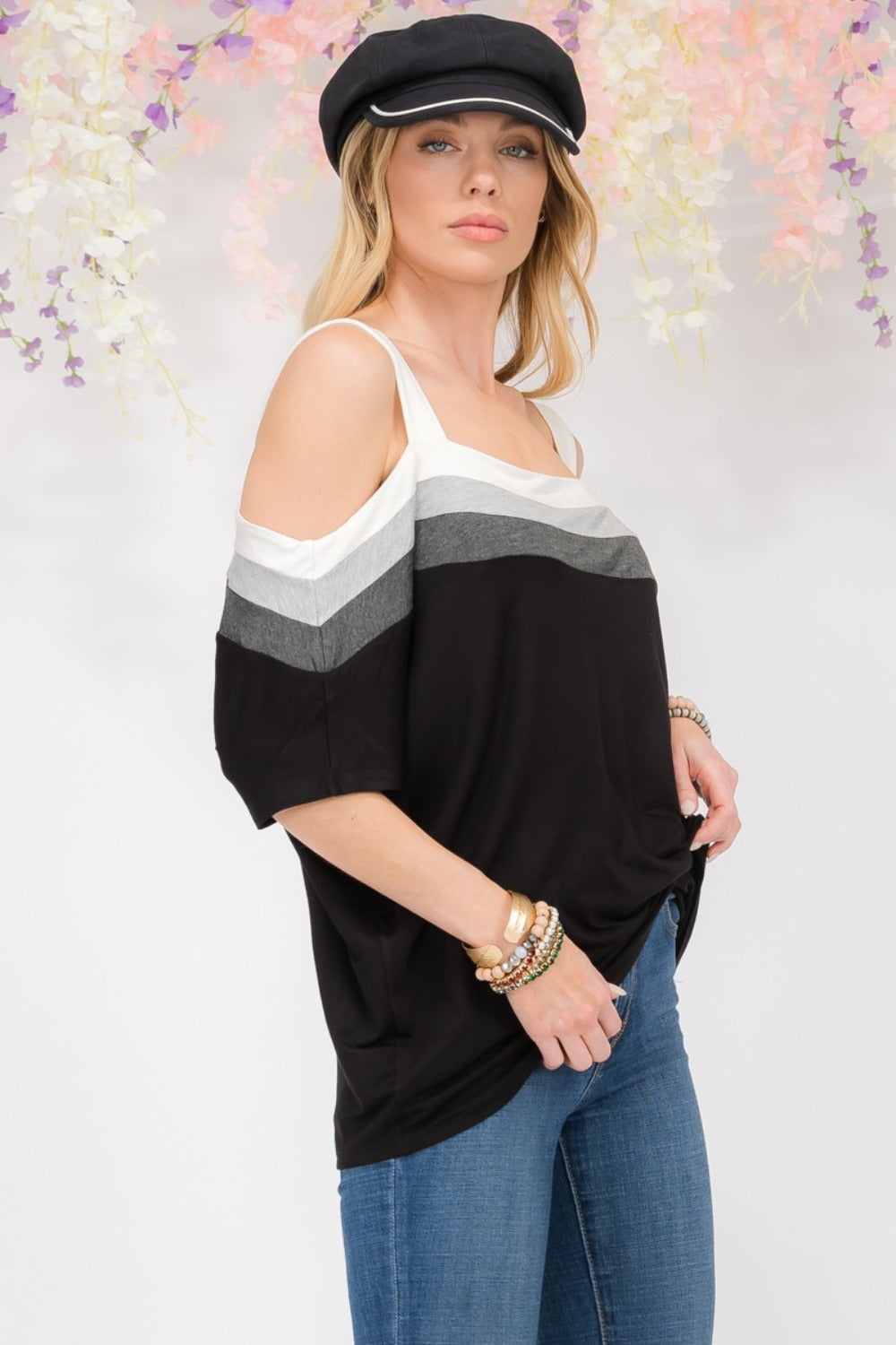 Title: Celeste Full-Size Striped Cold Shoulder Top