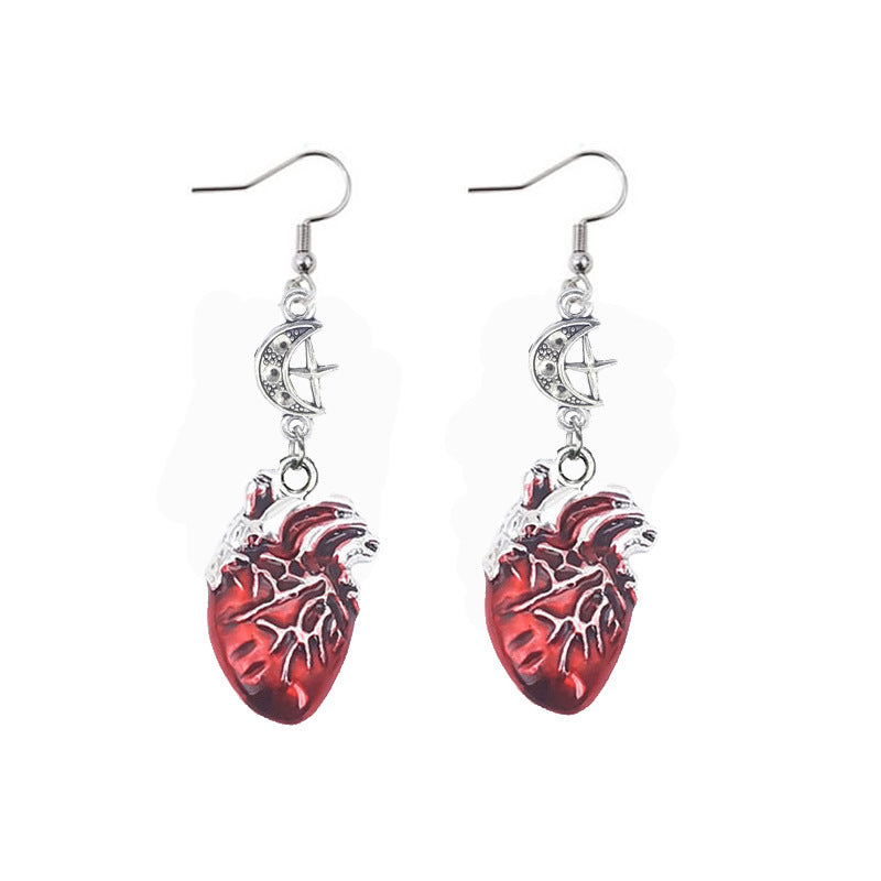 Gothic Beating Heart Crescent Cross Earrings