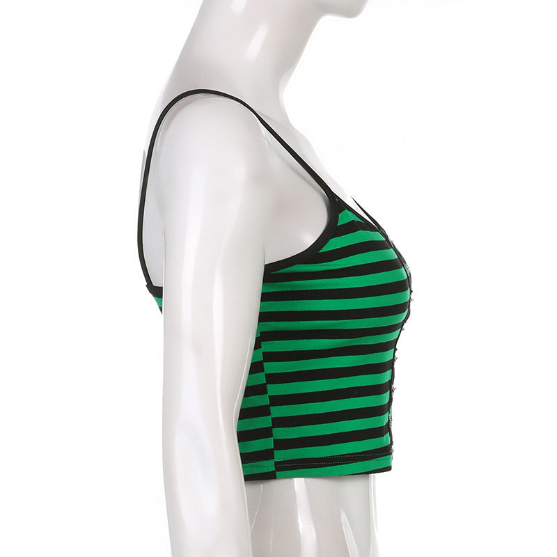 Spice Girl Vibes Retro Striped Spaghetti Strap Crop Tank Top Metal Hook And Zipper Adornments