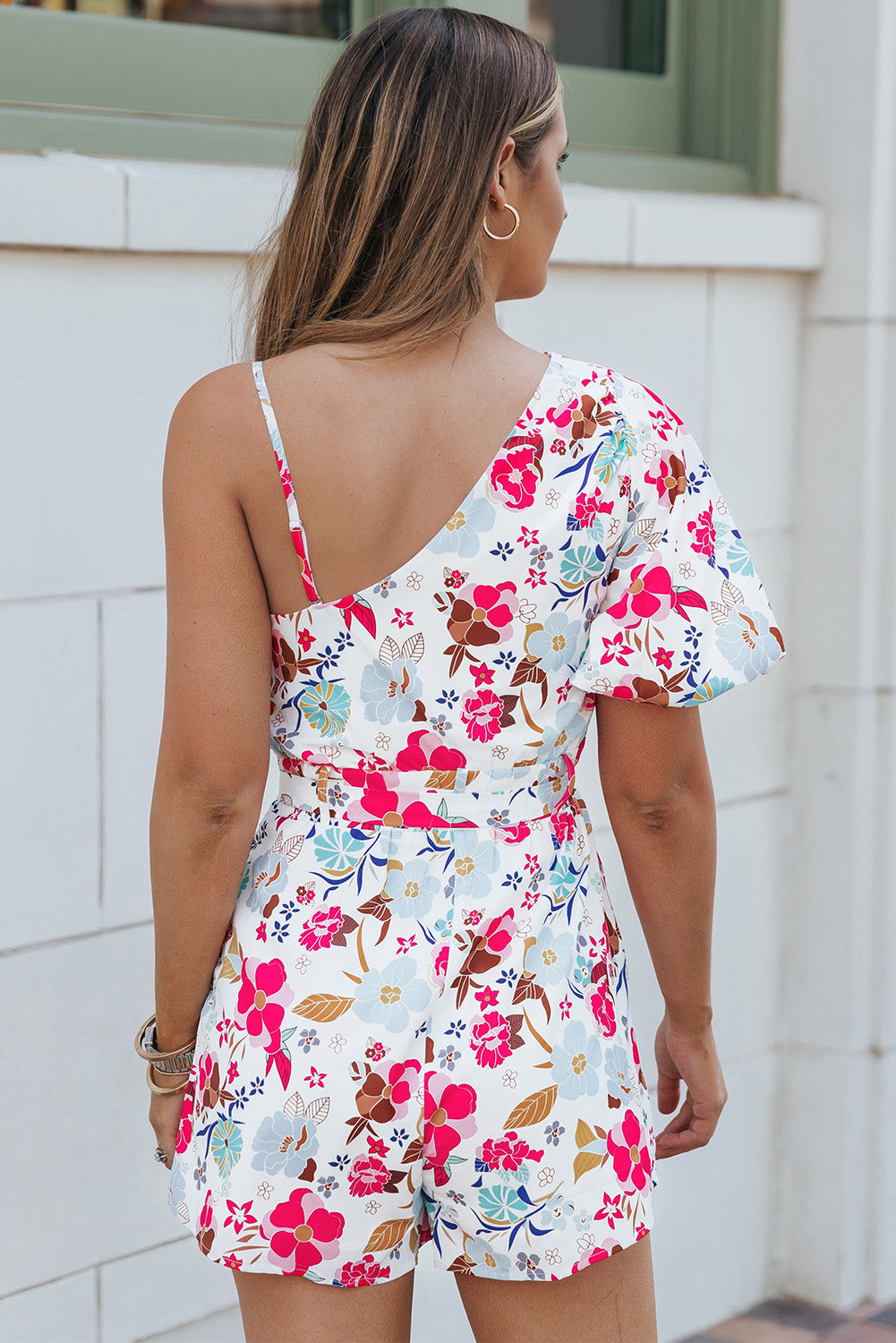 White Floral Single Bubble Sleeve Slant Shoulder Boho Romper