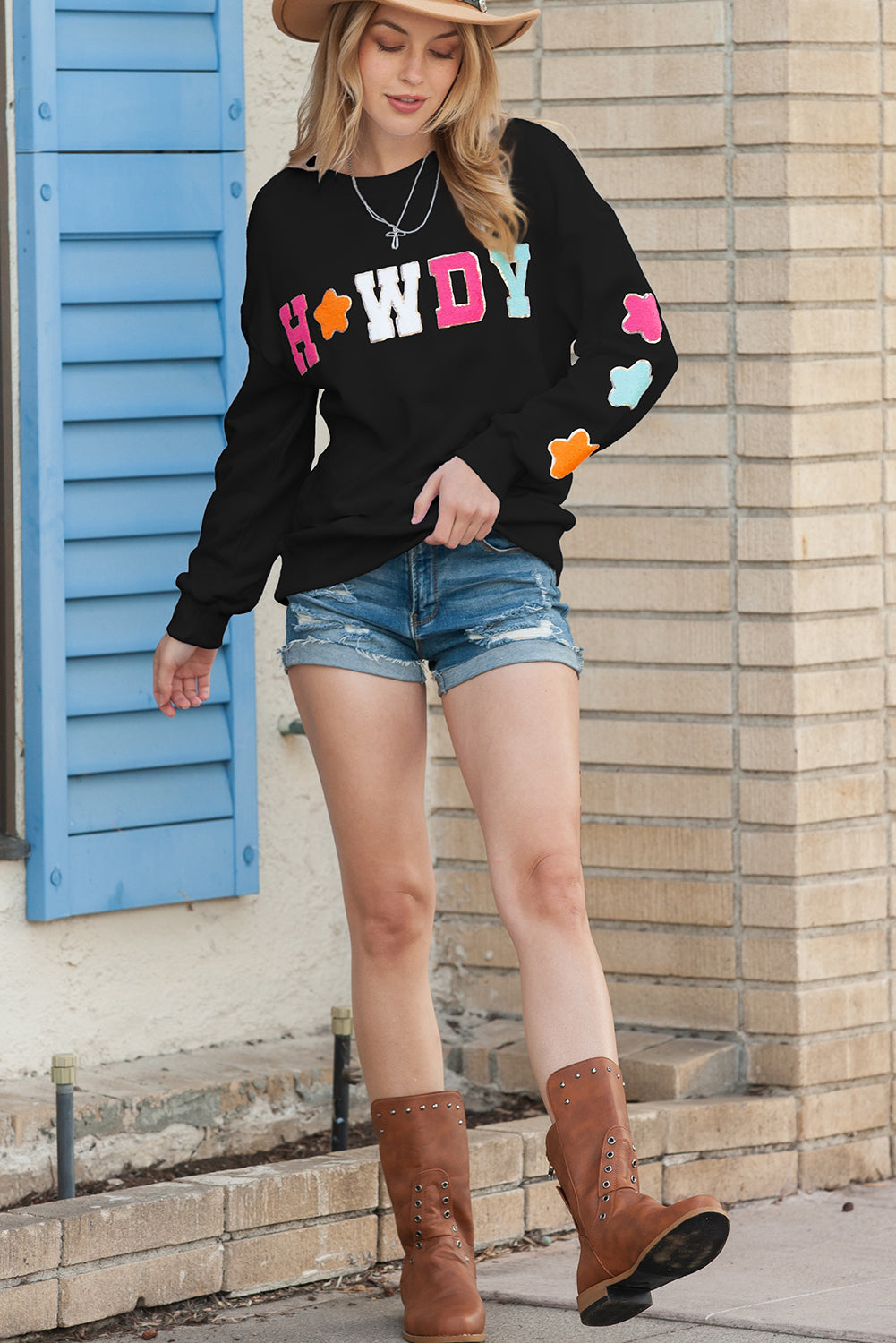 Black Glitter Howdy Patch Casual Star Sweatshirt