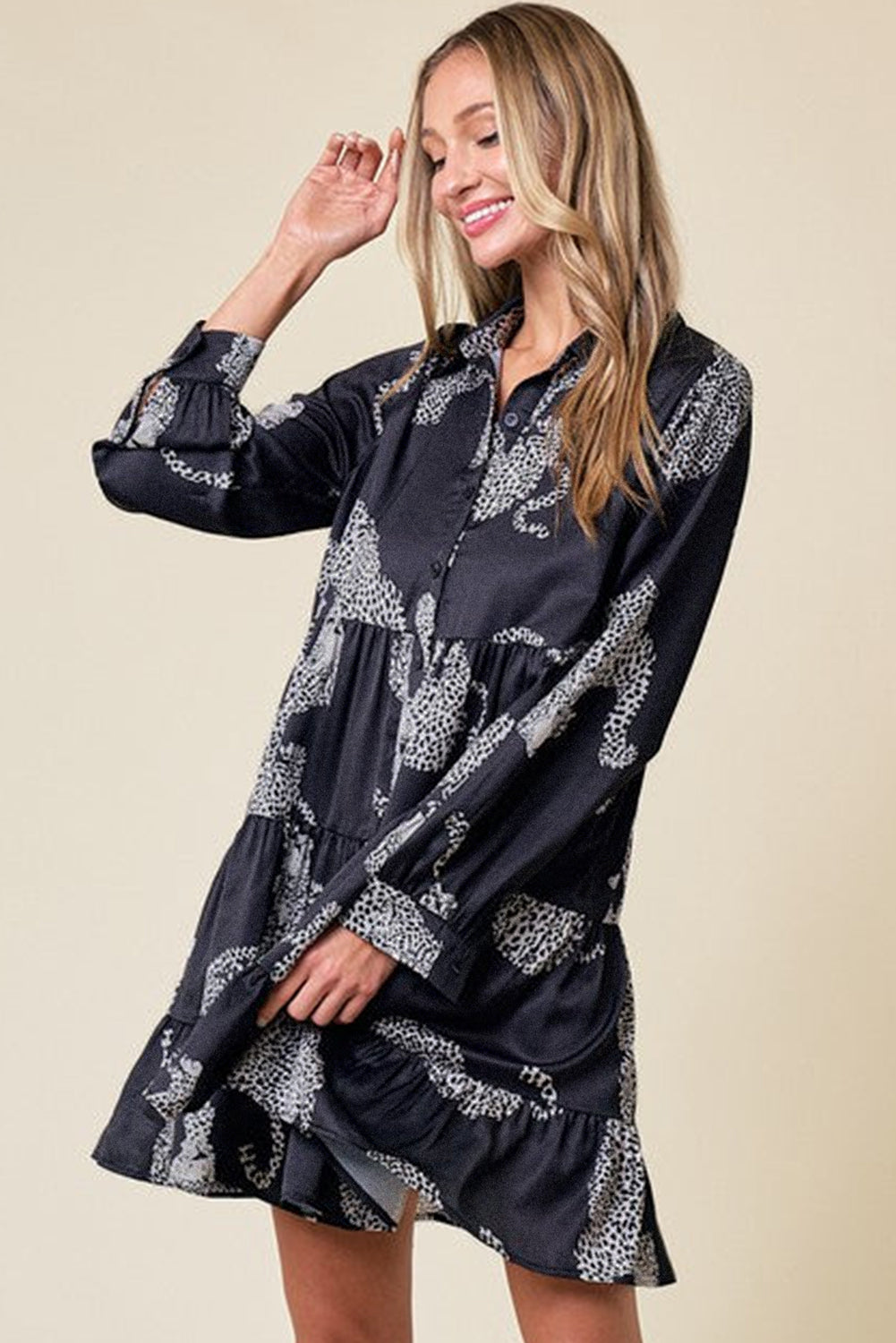 Blue Printed Zebra Pattern Pleated Shirt Tunic Dress