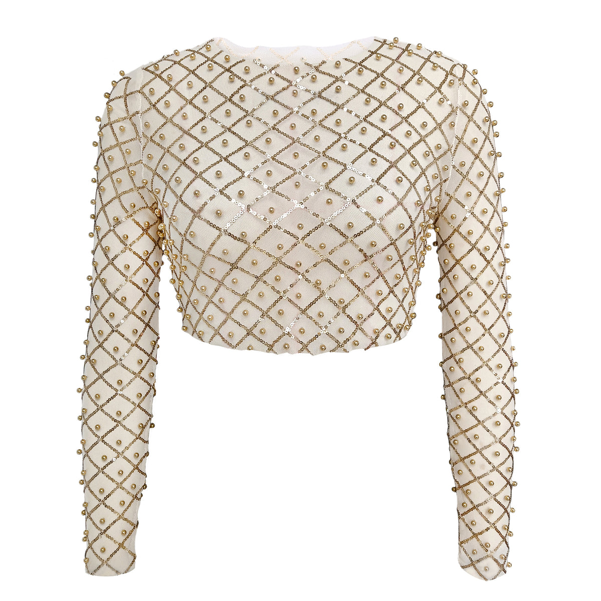 Mesh Rhinestone Studded Sequin Long Sleeved Cropped Top Shirt