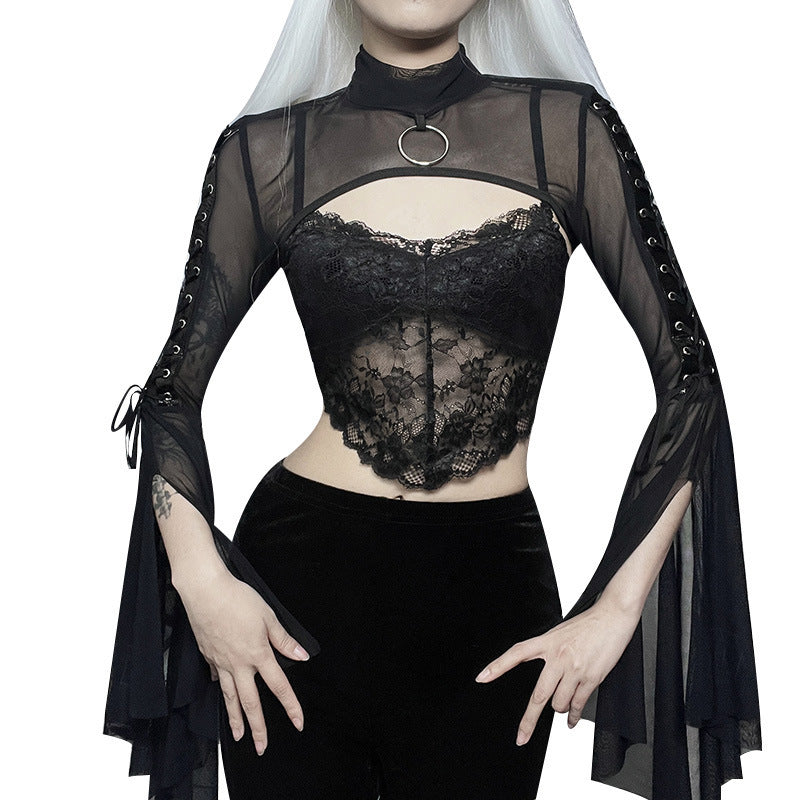 Dark Goth Style Half Turtleneck Bell Sleeve Ribbon Slim Fit Shrug Top