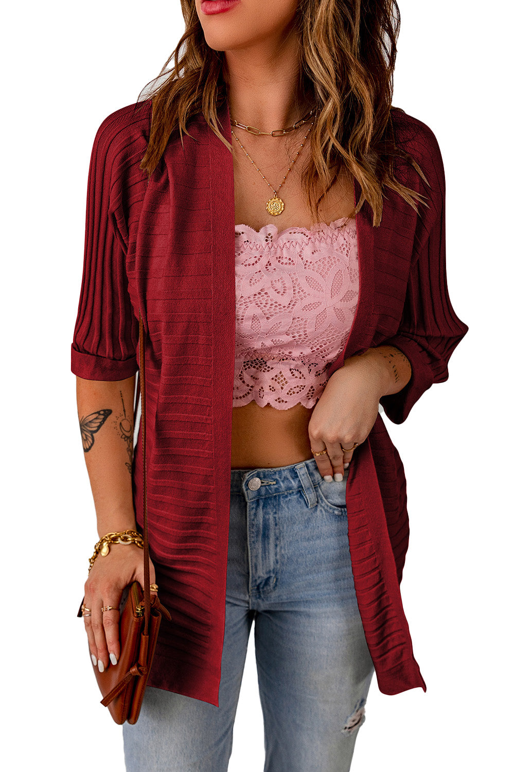 Red Ribbed Half Sleeve Open Front Knit Cardigans