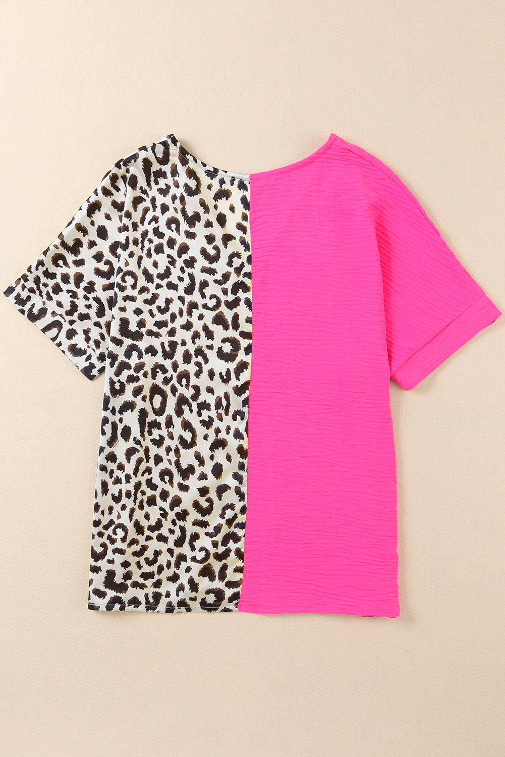 Rose Leopard Color Block Roll Tab Sleeve V Neck Top