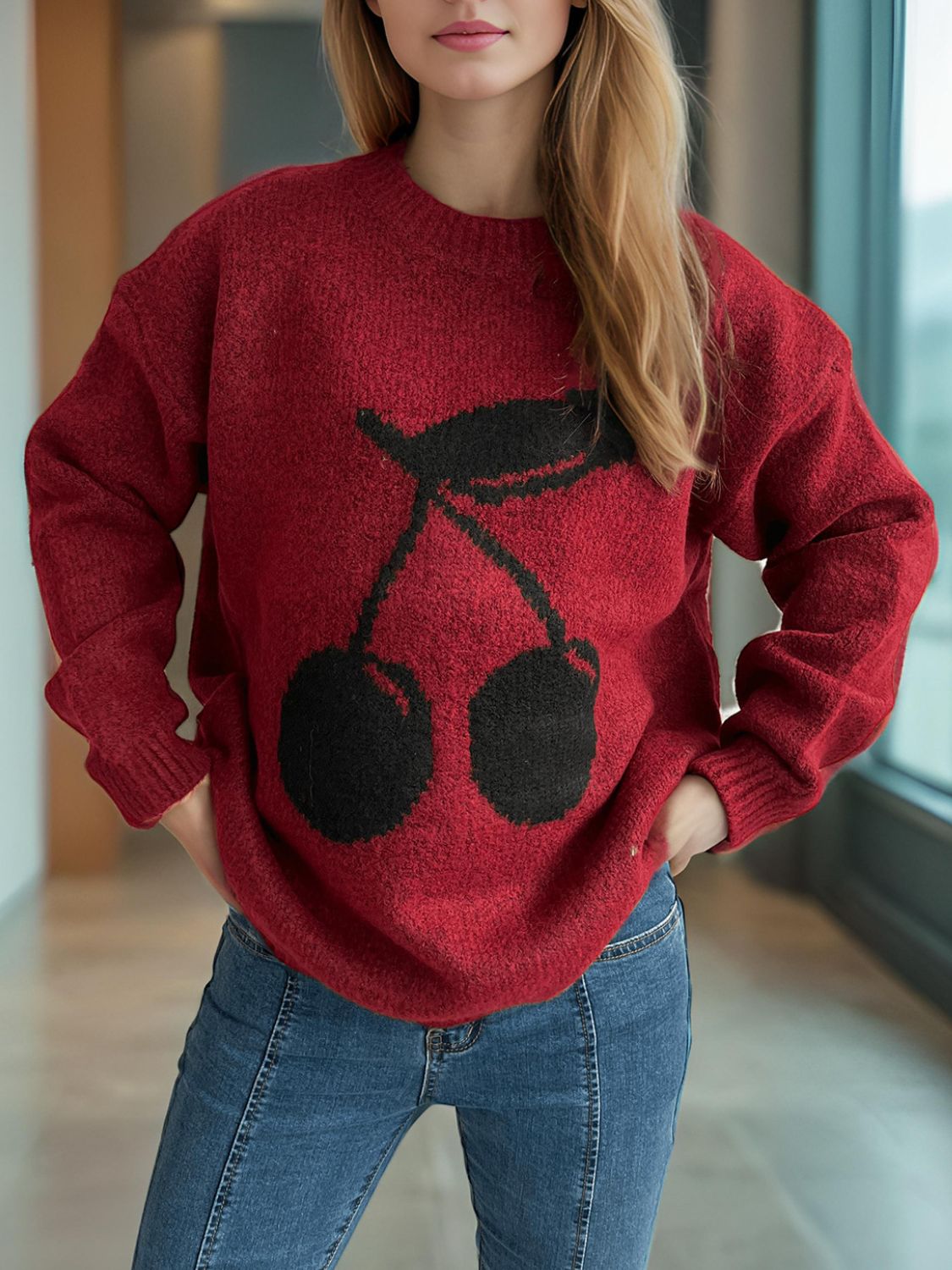 Cherry Print Round Neck Long Sleeve Sweater