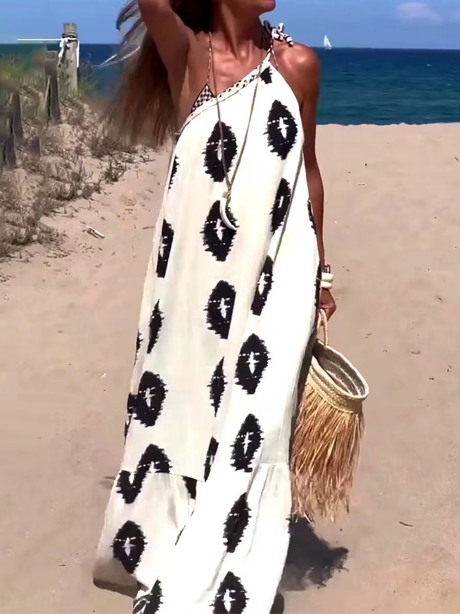 Women's Tie One Should Bohemian Simple Printed Maxi Bag Dress