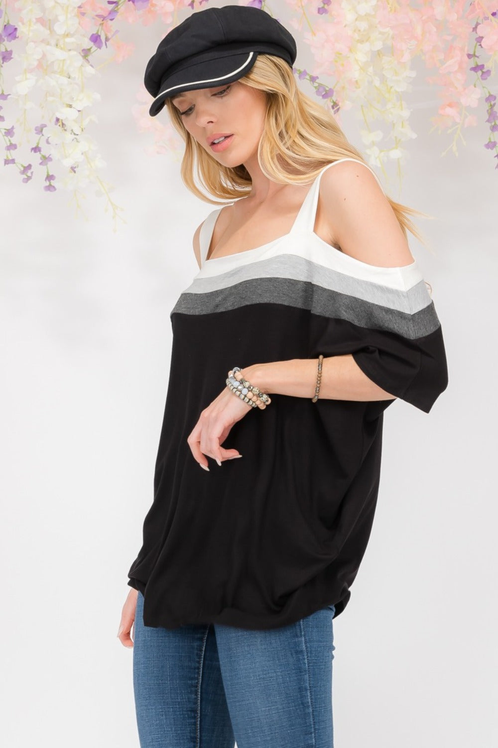 Title: Celeste Full-Size Striped Cold Shoulder Top