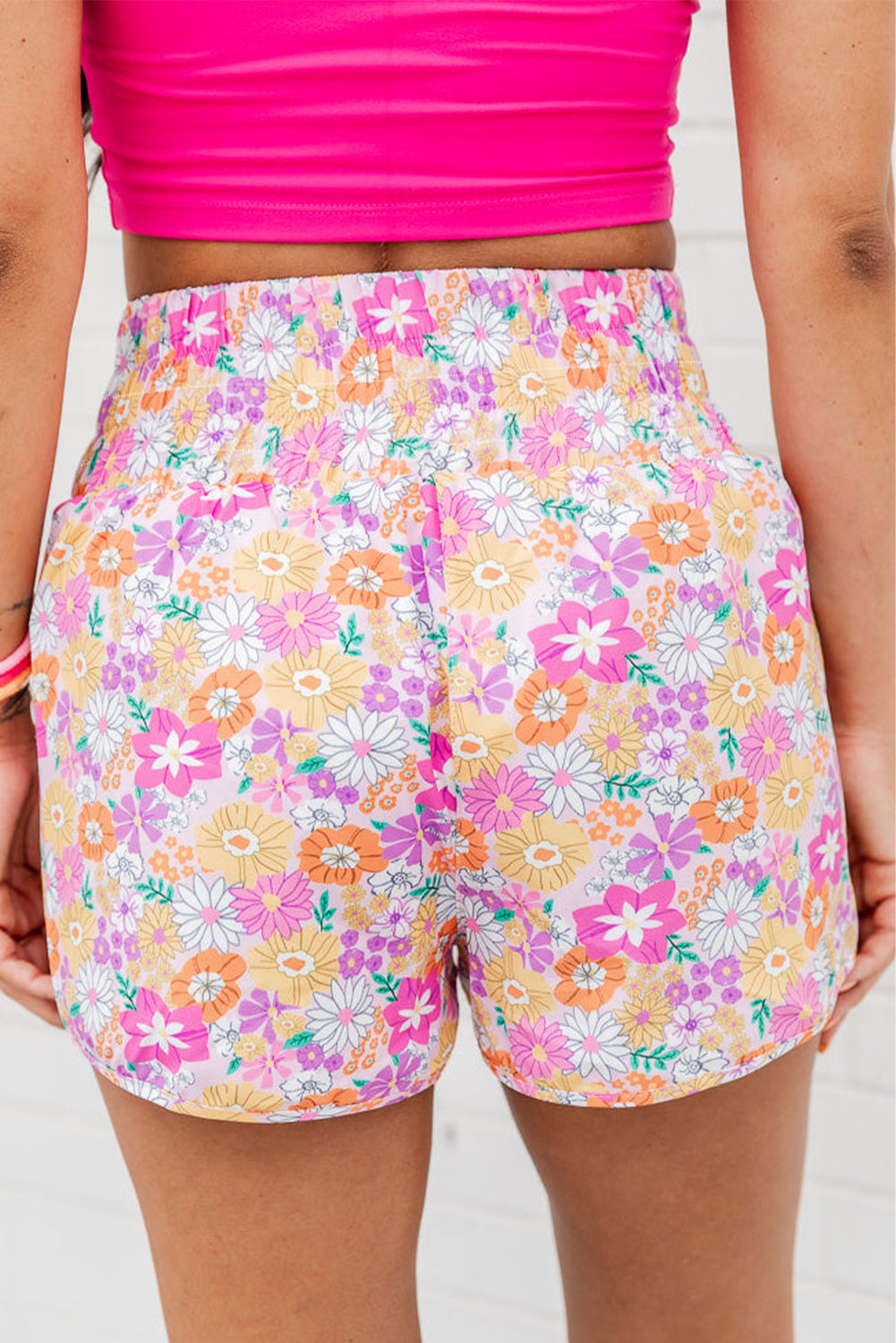 Pink Boho Floral Shirred High Waist Athletic Shorts