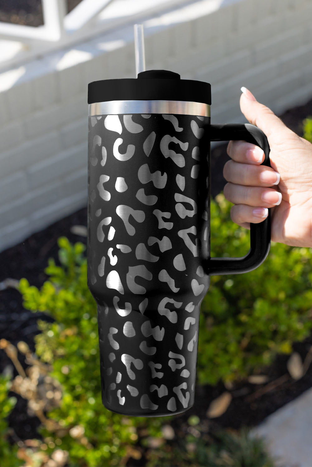 White 40oz Stainless Steel Portable Leopard Tumbler Mug With Handle