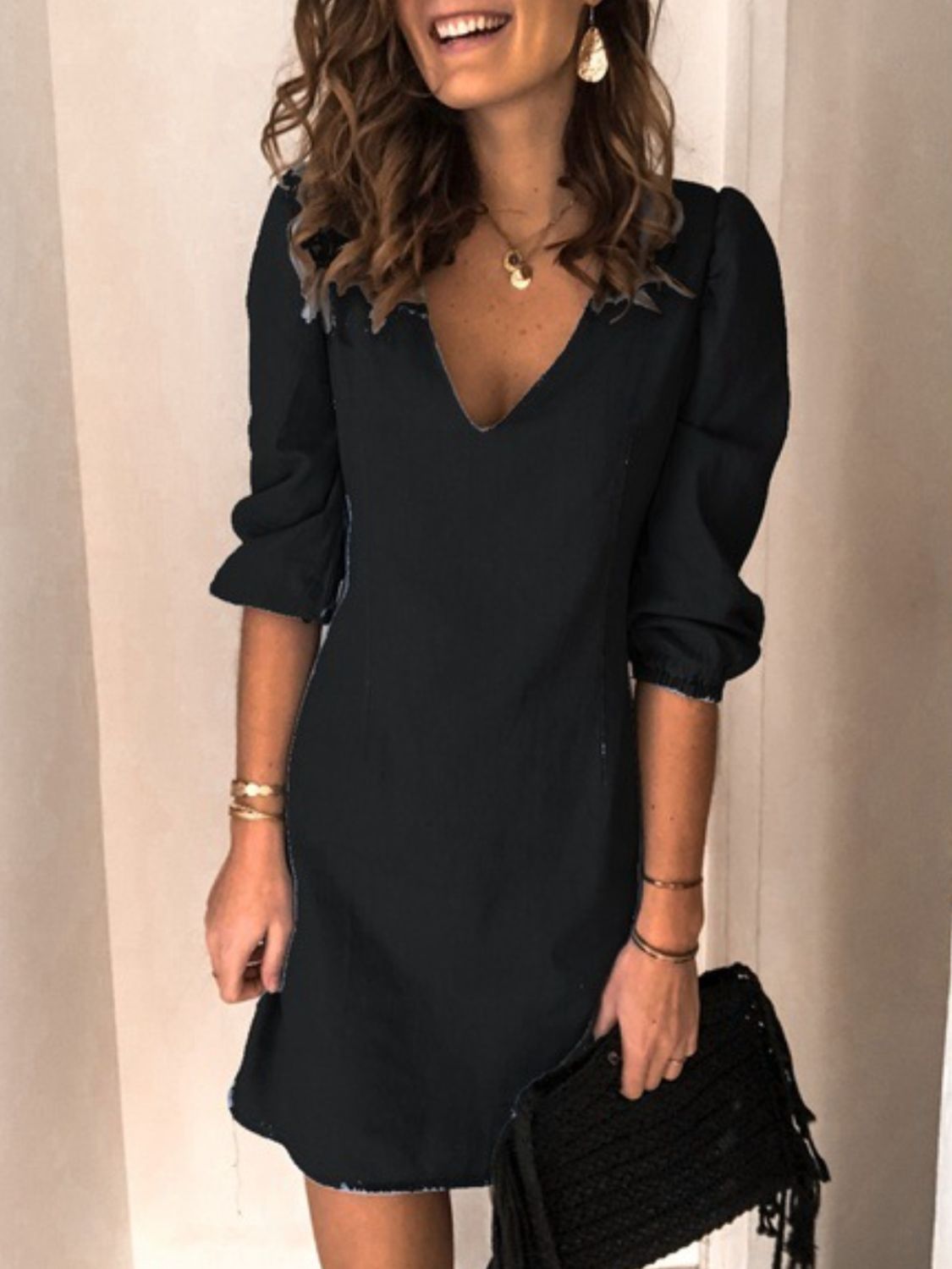 Full Size V-Neck Half Sleeve Denim Dress