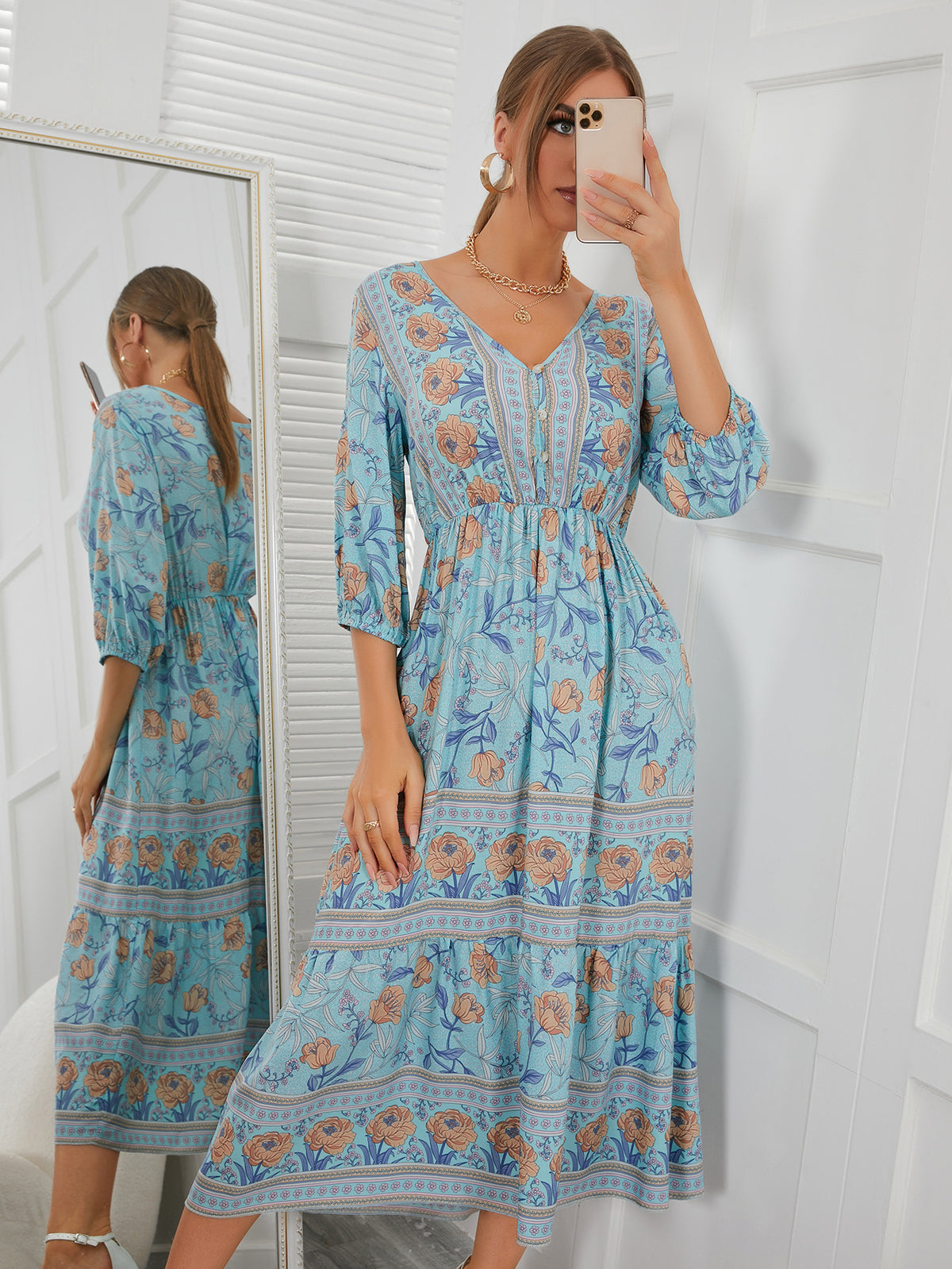 Bohemian V-neck Elastic Waist Three Quarter Sleeve Printed Maxi Dress