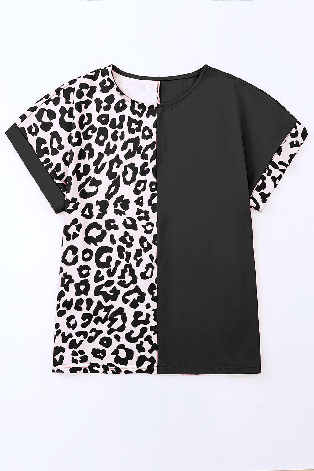 Rosy Leopard Print Top Color Block Rolled Up Sleeve Casual T Shirt