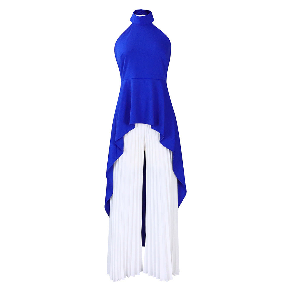 Backless Grecian Neck Long Tail Flowy Top And Pleated Wide-leg Pants Casual Two Piece Sets