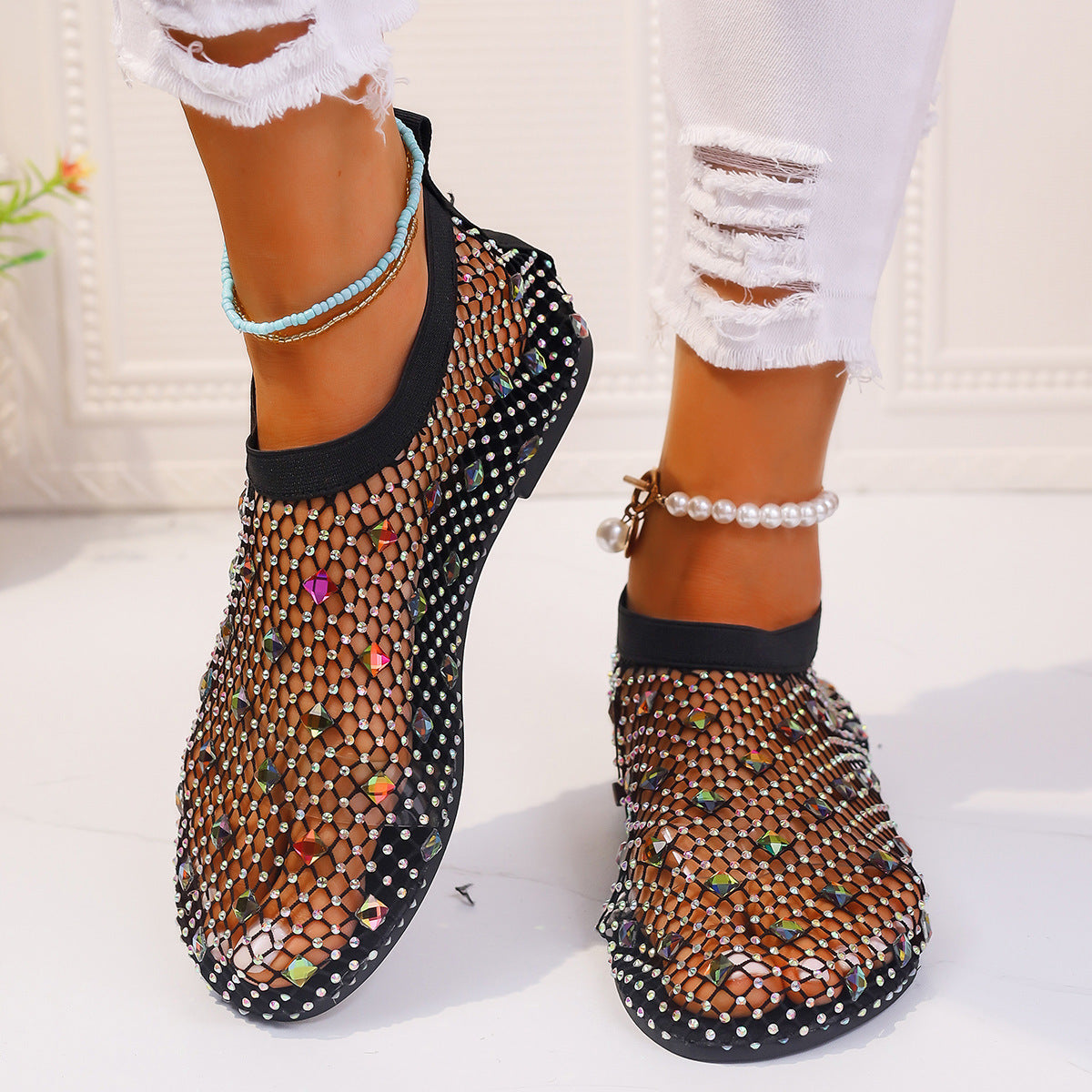 Fashion Mesh Flat Sandals With Colorful Rhinestone Design Round Toe Beach Shoes