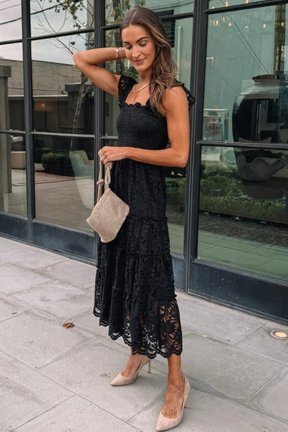 Black Lace Smocked Bodice Sleeveless Midi Dress - Elegant Women's Cocktail Dress