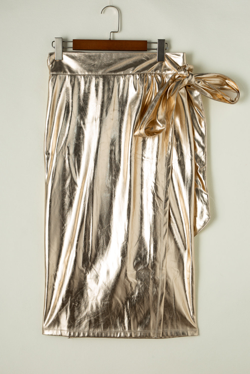 Gold Metallic Leather Knotted Wrap Midi Skirt | Women’s Fashion Skirt