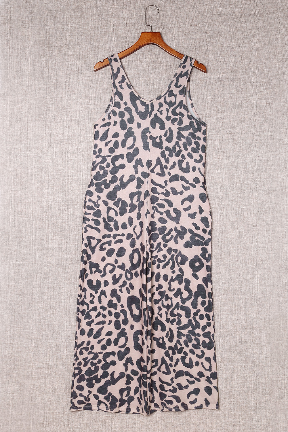 Leopard Print Pockets Sleeveless Wide Leg Jumpsuit