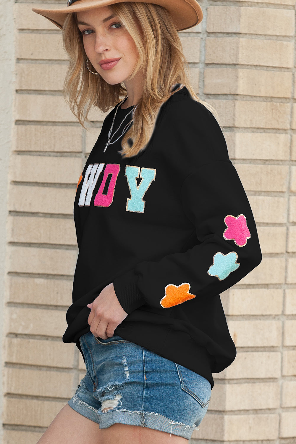 Black Glitter Howdy Patch Casual Star Sweatshirt