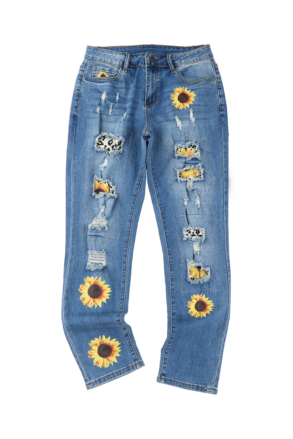 Blue Sunflower Print Ripped Mid Rise Straight Leg Graphic Jeans