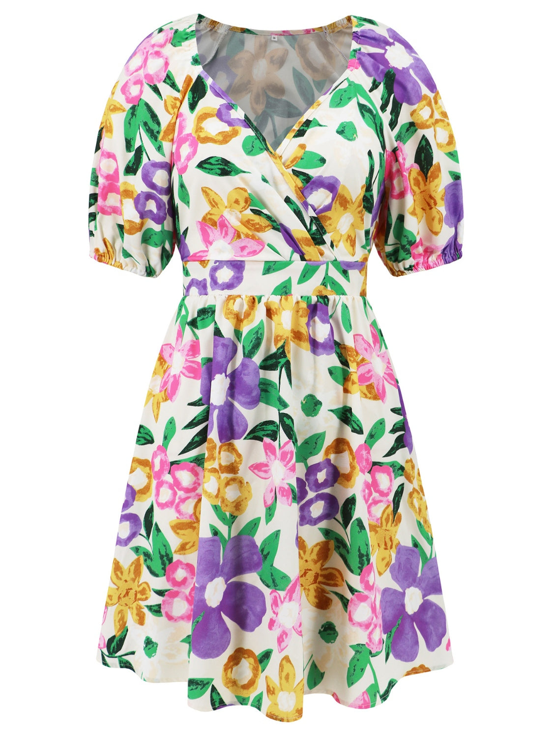 Bright Floral Printed V Neck Pleated Boho Short Sleeve Dress