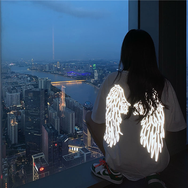 Dark Reflective Angel Wing Short Sleeved Oversized Graphic Printed Tee Shirt