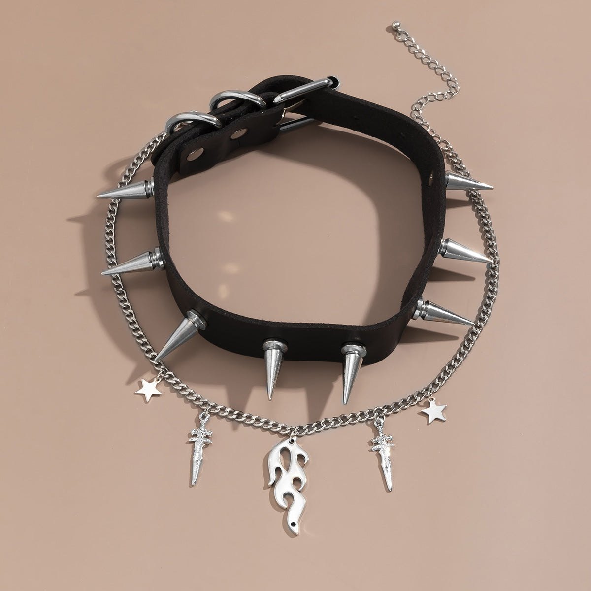 Punk Style Flame Rivets and Chains Layered Choker Necklace