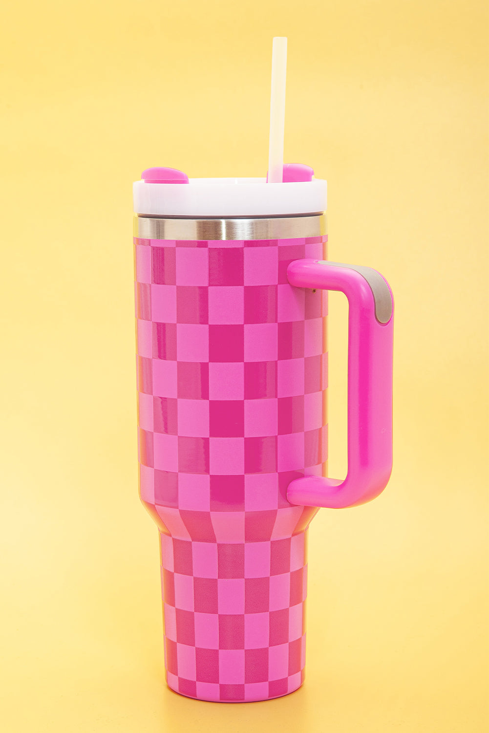 Black Pink Checkered Print Handled Stainless Steel Tumbler Cup