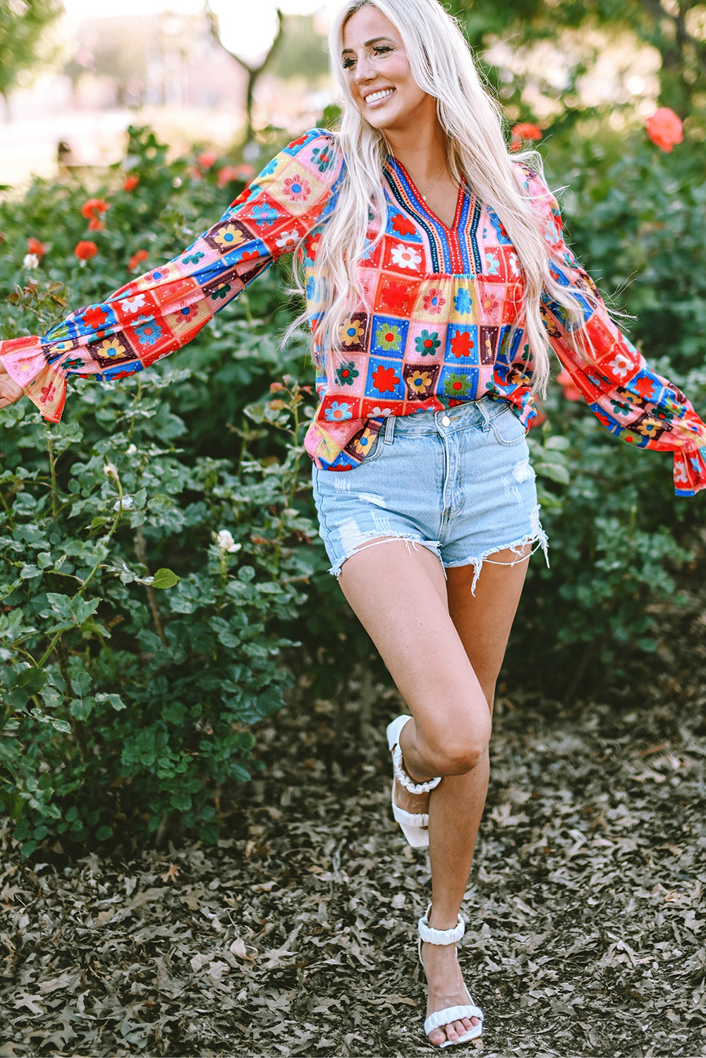 White Checkered Flower Print Boho Bubble Sleeve Blouse