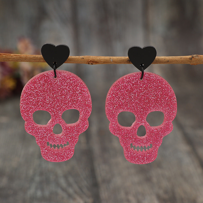 Acrylic Pink & Black Skeleton & Heart Drop Earrings