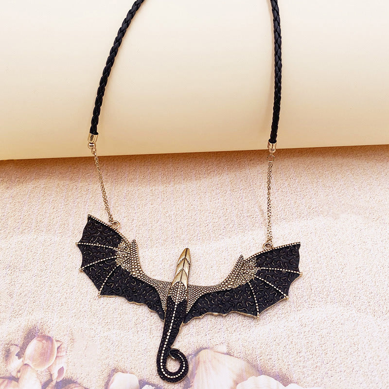 Fashion Rock Pterosaur Ancient Gold Alloy Pendant Halloween Leather Rope Bat Statement Necklace