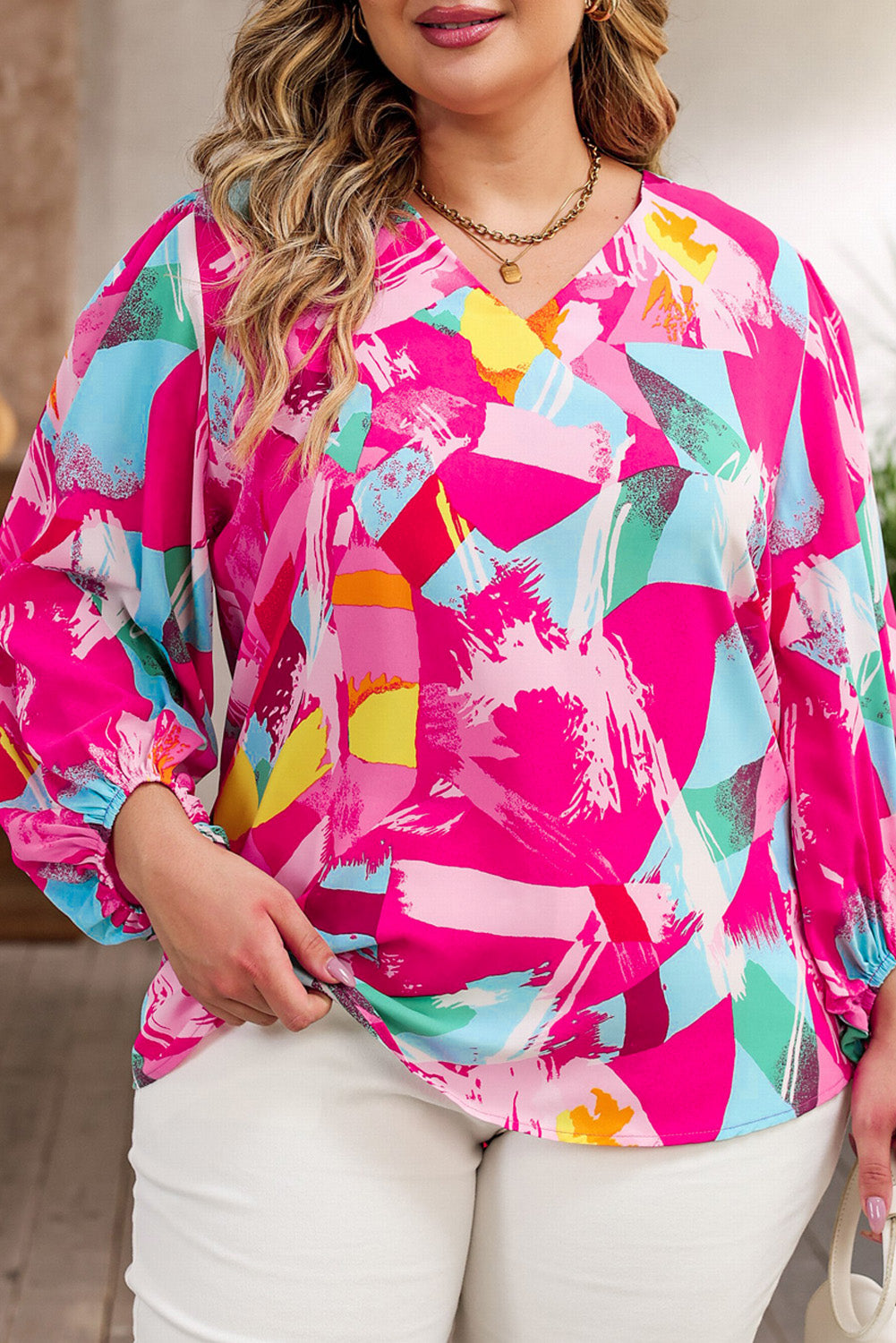 Pink Plus Size Graffiti Print Split Neck Puff Sleeve Blouse