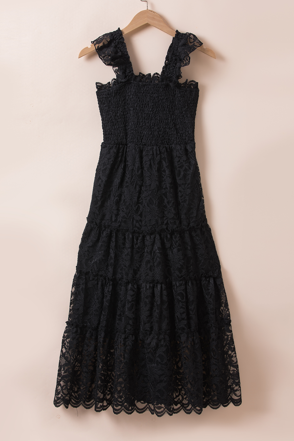 Black Lace Smocked Bodice Sleeveless Midi Dress - Elegant Women's Cocktail Dress