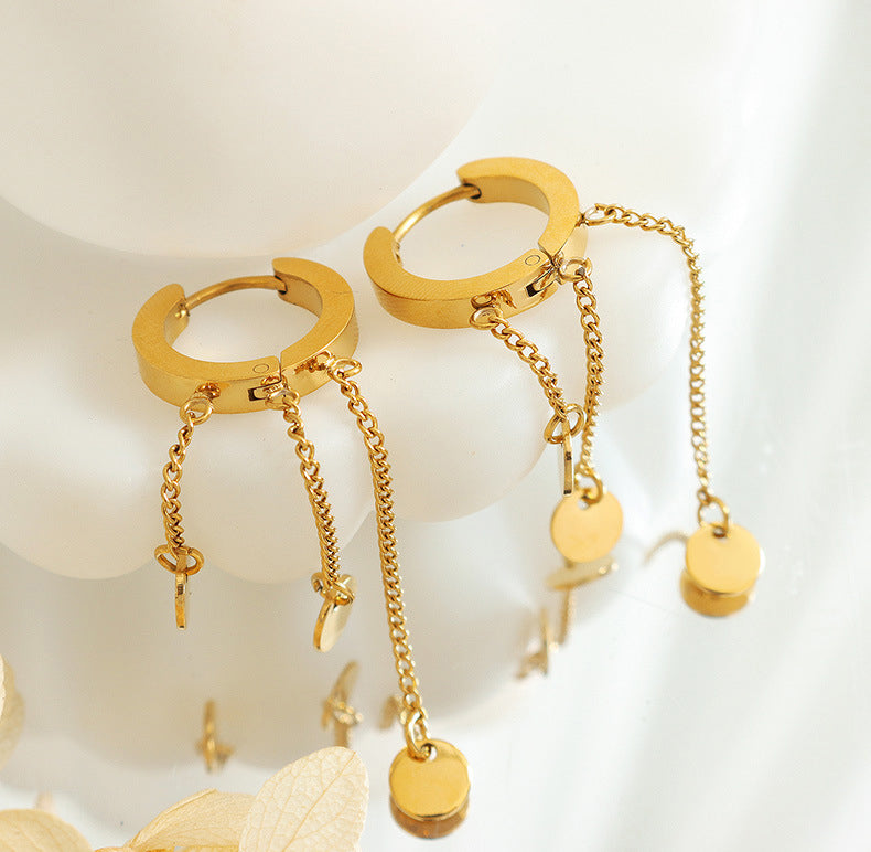 18k Gold Simple and Exquisite Geometric Disc Tassel Design Earrings