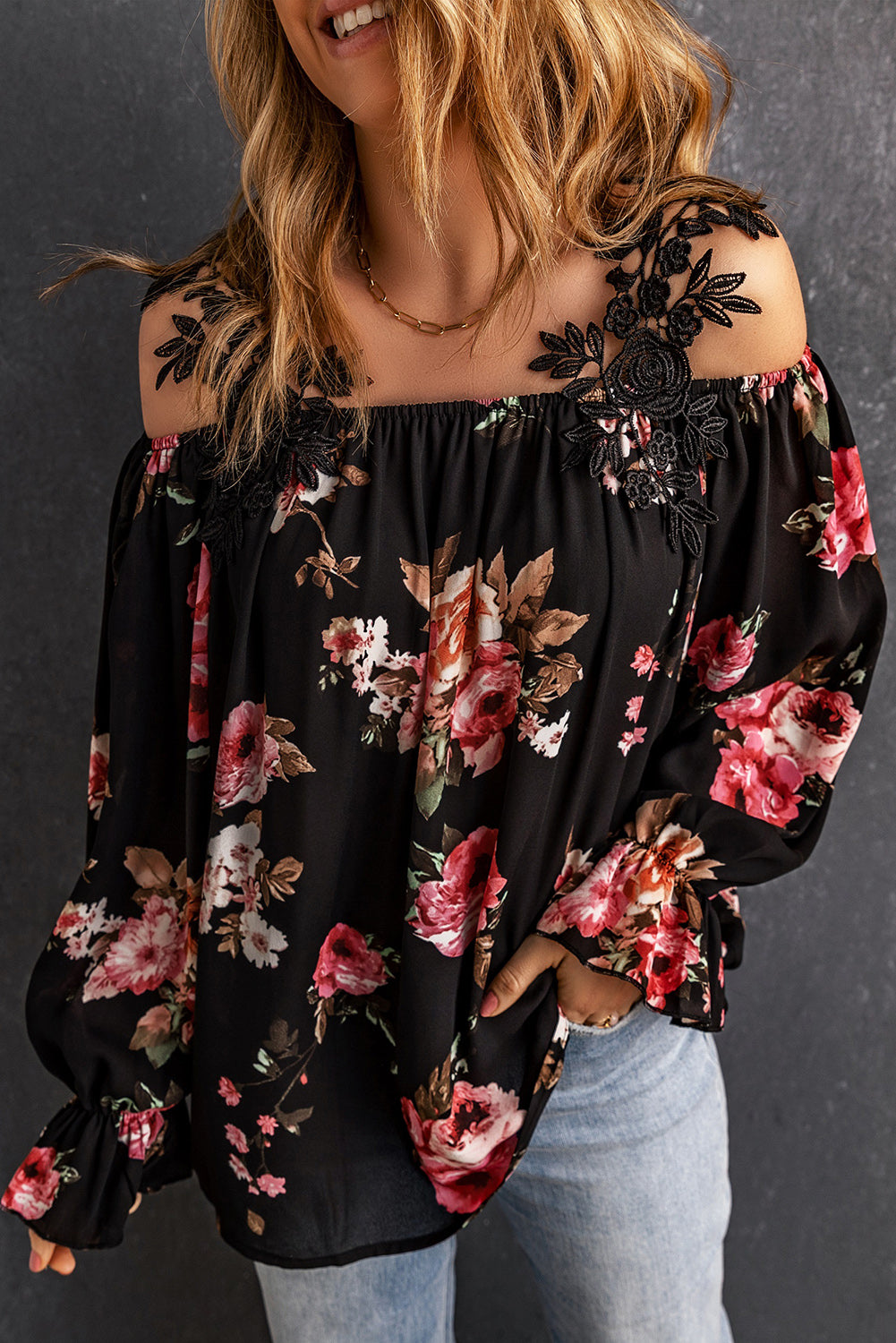 Black Floral Print Lace Patchwork Loose Off Shoulder Blouse