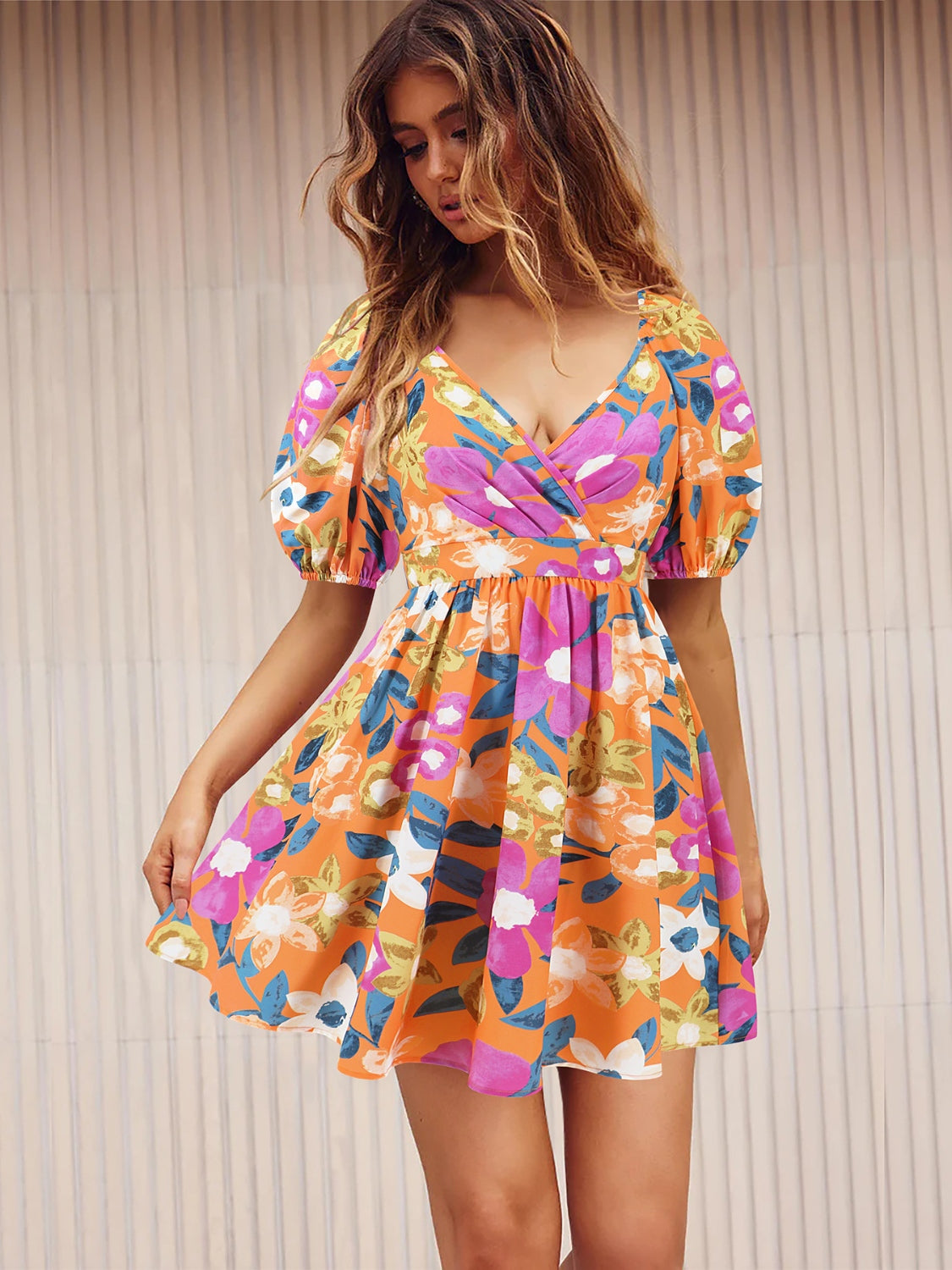 Bright Floral Printed V Neck Pleated Boho Short Sleeve Dress