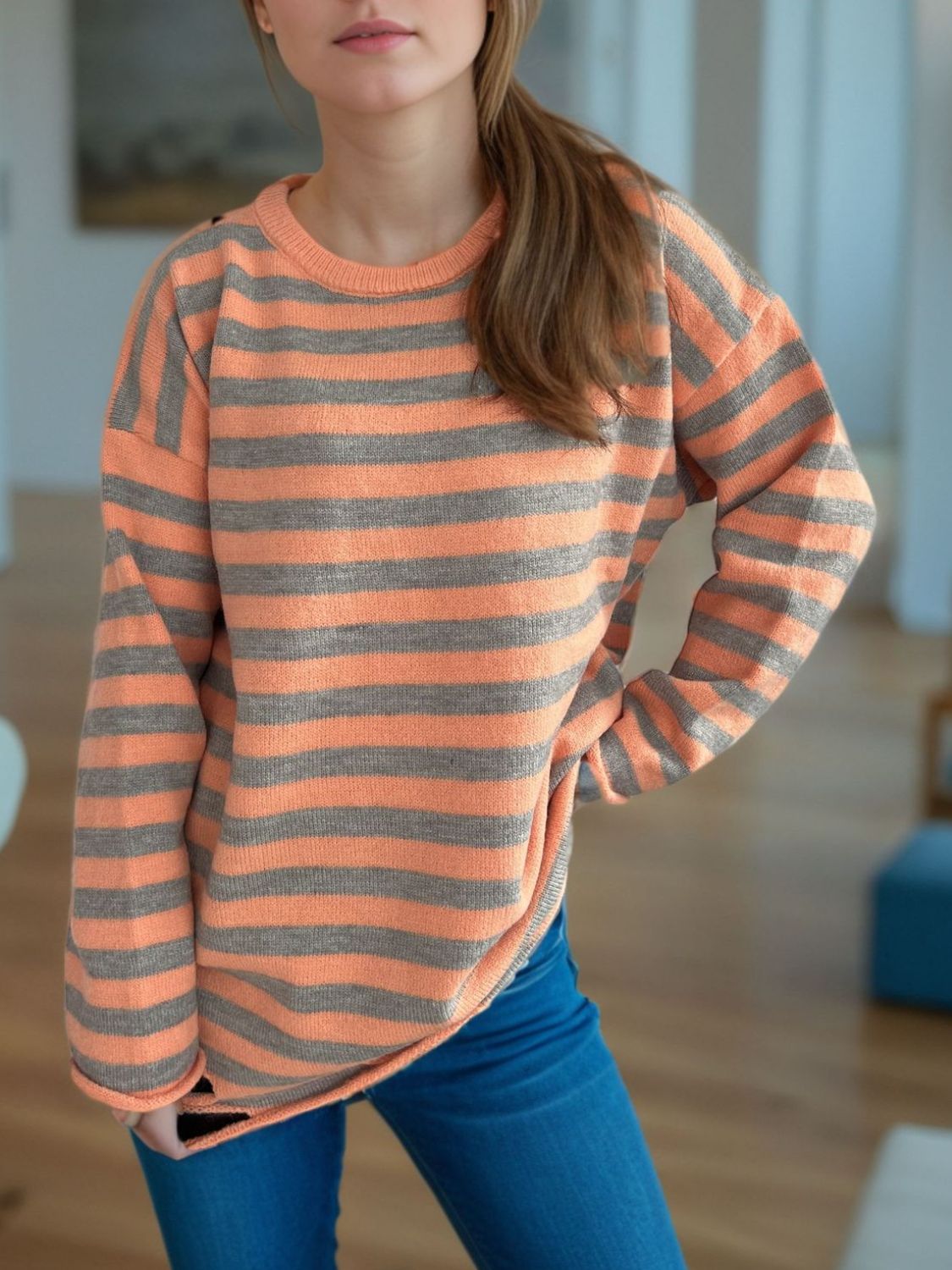 Distressed Striped Round Neck Long Sleeve Sweater