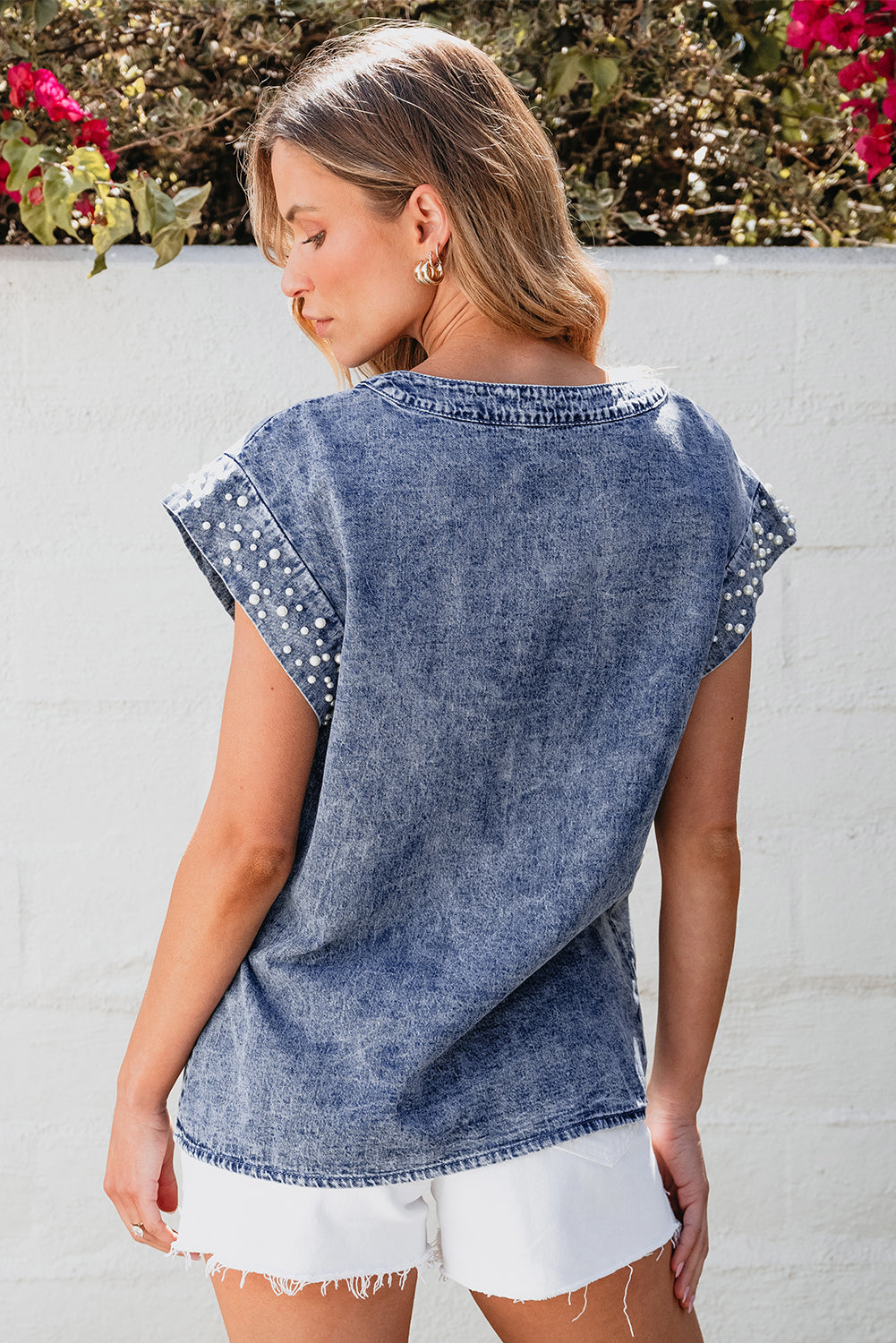 Dusk Blue Acid Wash Denim Top with Pearl Embellishments | Women’s O-Neck Blouse