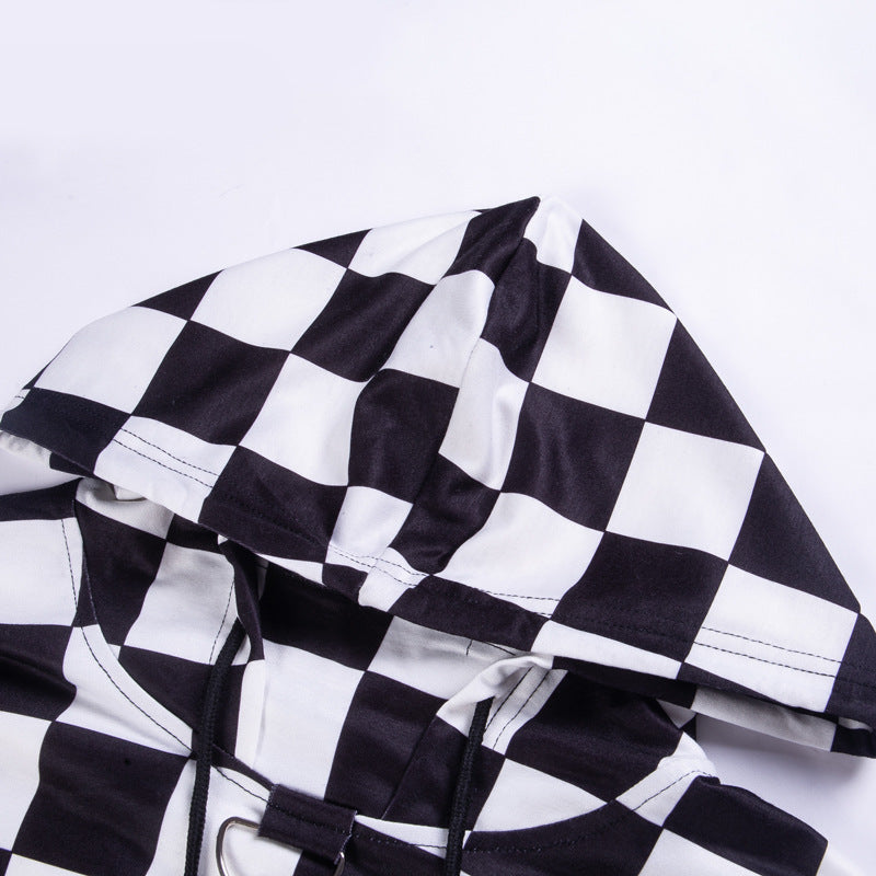 Checkered punk crop hoodie sweatshirt