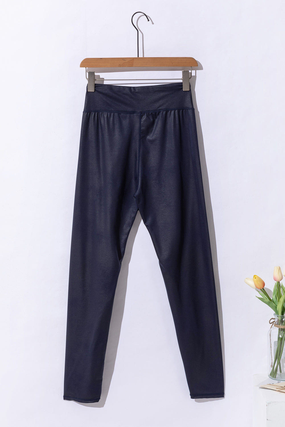 Navy Blue Crossed Dip Waist Sleek Leather Shiny Wet Look Leggings