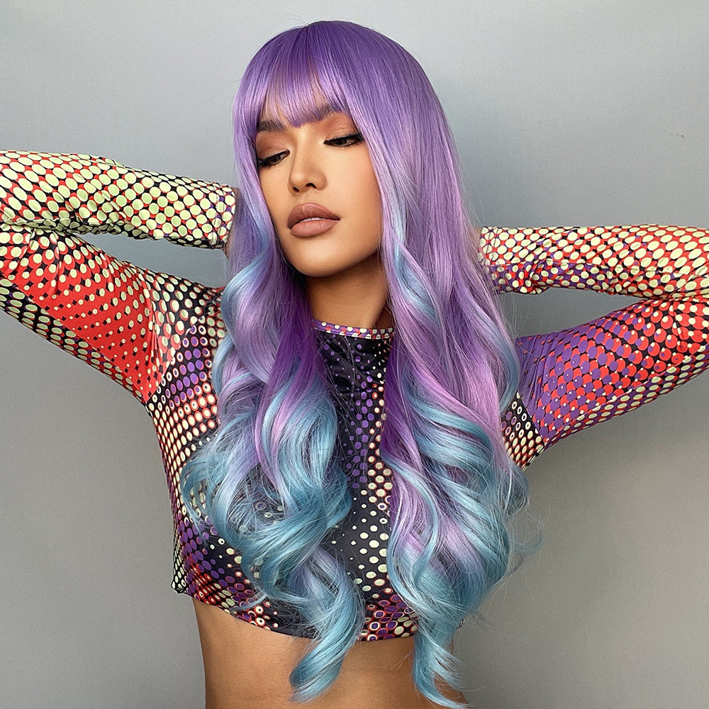 Cosplay Colored Wig With Long Curly Bangs Purple And Blue Gradient Hair