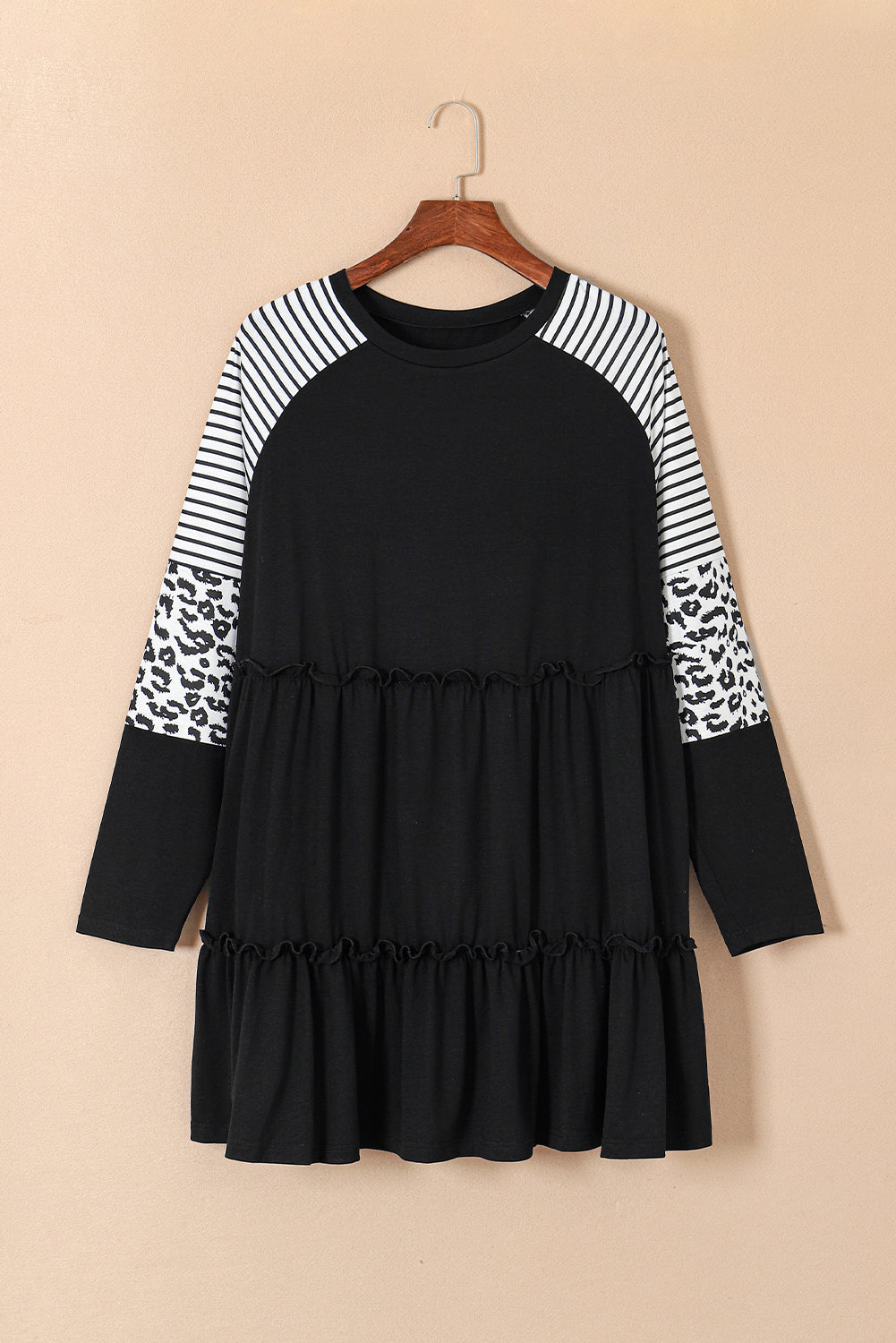 Multicolor Striped Leopard Raglan Sleeve Textured Dress