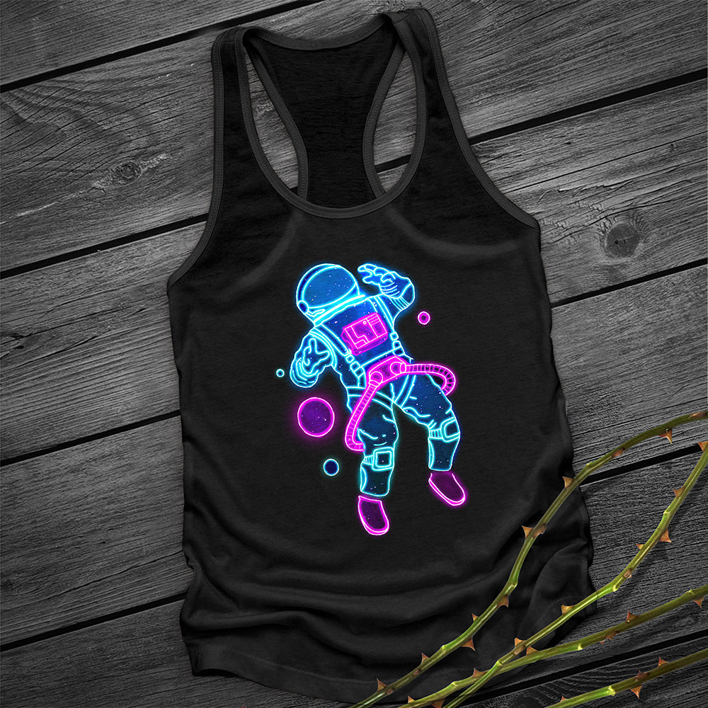 Neon Astronaut Graphic Print Black Racer Back Tank Top