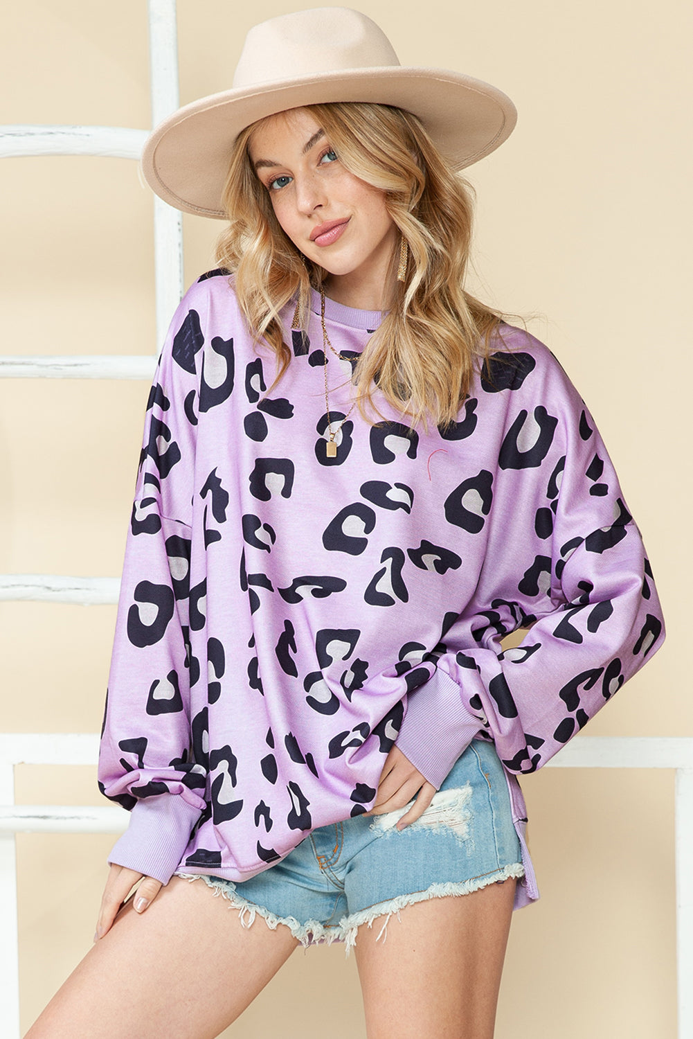 Leopard Print Drop Shoulder Slit Oversized Sweatshirt