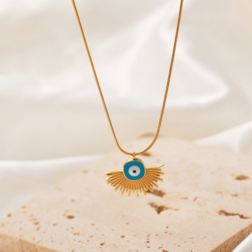 18K gold retro palace style geometric fan-shaped pendant necklace with devil's eye design